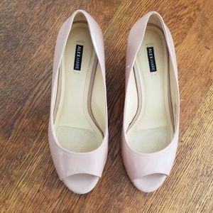 Alex Marie blushy nude peep toe wedge shoe.